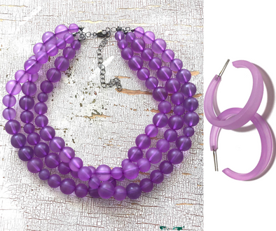 Purple Frosted Beaded Multi Strand Morgan Necklace & Earrings Set
