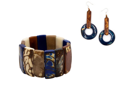 Rosa Earrings & Sucre Bracelet Set-Blue & Tan