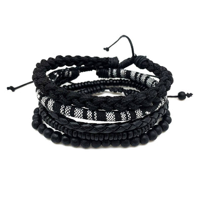 Black Woven and Leather Men's Bracelet Set