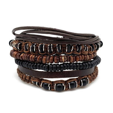 Stackable Brown Leather Men's Bracelet Set with Black Beads
