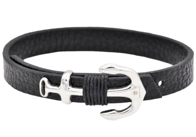 Men's Black Leather Anchor Bracelet With Adjustable Strap