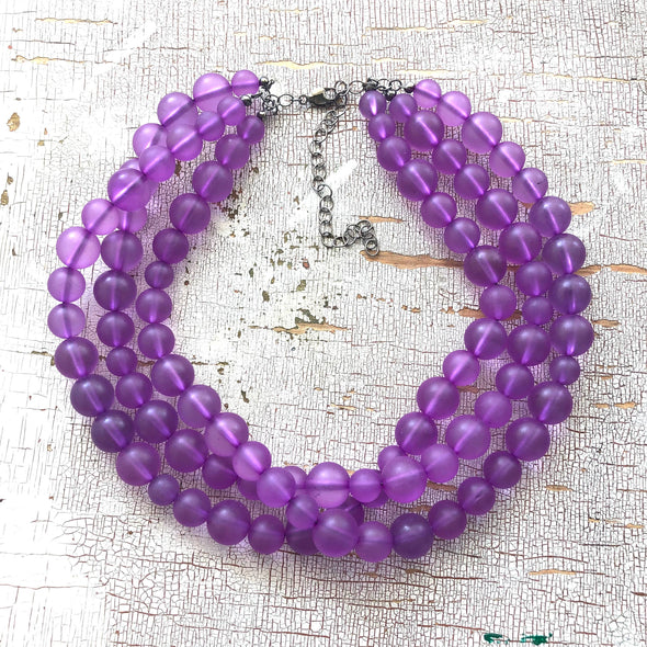 Purple Frosted Beaded Multi Strand Morgan Necklace & Earrings Set