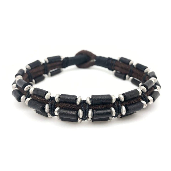 Men's Brown Leather Bracelet with Black & Silver Beads