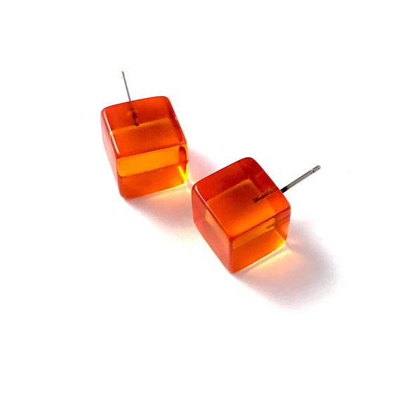 Blaze Orange Cube Stud Earrings