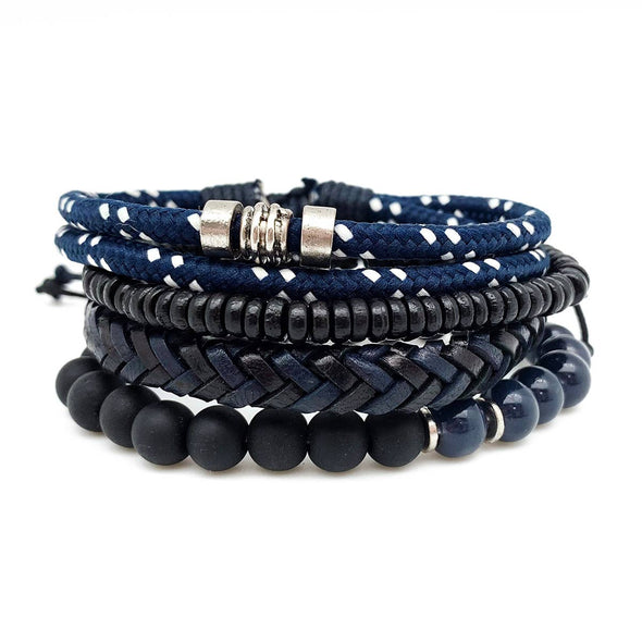 Men's Navy Blue and Black Woven Beads Bracelet Set