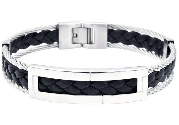 Men's Stainless Steel Black Leather Cable Bracelet