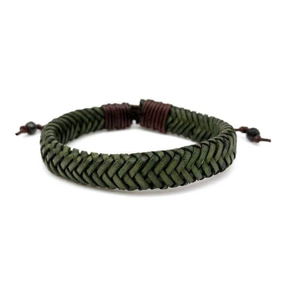 Dark Green Braided Leather Pull Tie Men's Bracelet