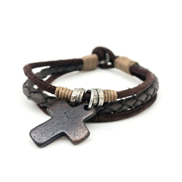 Brown Wooden Cross and Leather Men's Bracelet