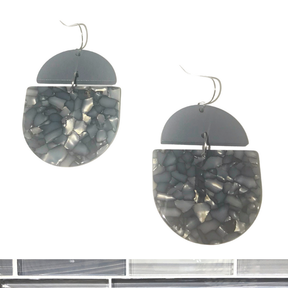 Grey Moonstone Wood and Acrylic Deco Drop Earrings