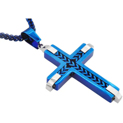 Men's Blue Stainless Steel Cross Pendant Necklace