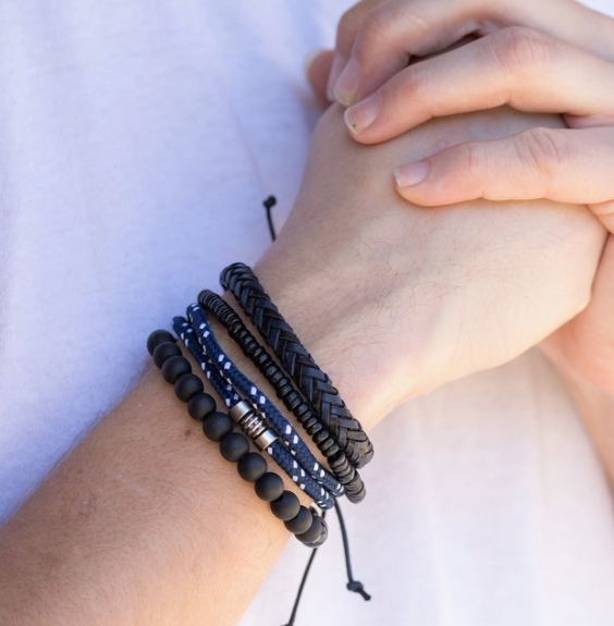 Men's Navy Blue and Black Woven Beads Bracelet Set