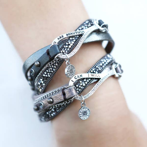 You Are Beautiful-Gray Leather Bracelet
