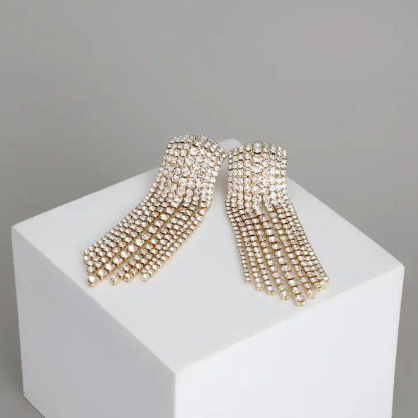 Gold Rectangle Iced Fringe Earrings
