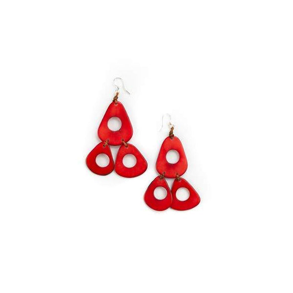 Red earrings with 3 circular parts and a hole in the middle of each part
