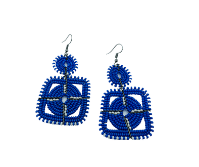 Zulu African Earrings in Royal Blue with White Accents in the shape of squares with a circle on top
