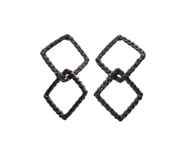 Gloss Woven Double Square Earrings-Black