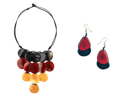 Oro Necklace & Fiesta Earrings-Red, Black, Tan