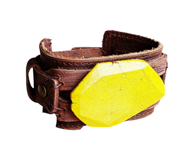 Leather Bracelet Cuff with Yellow Turquoise Slab