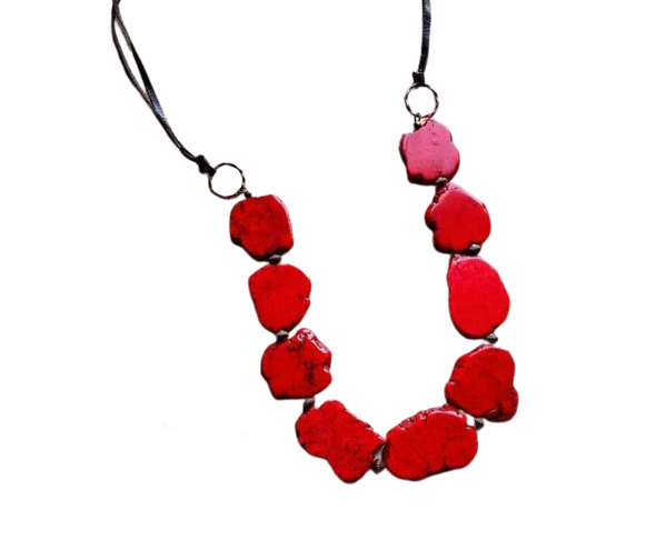 Red Turquoise necklace with leather ties