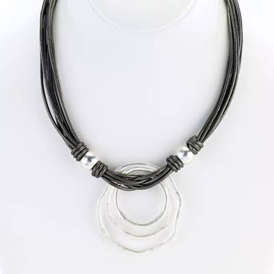 Three Silver Ring Grey Leather Necklace