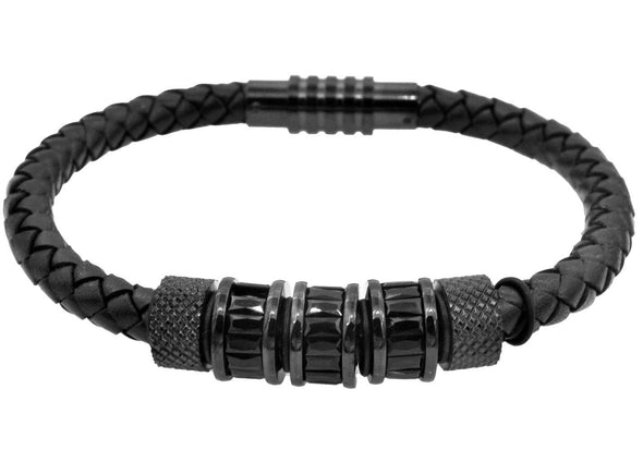Men's Black Leather Black Stainless Steel Bracelet