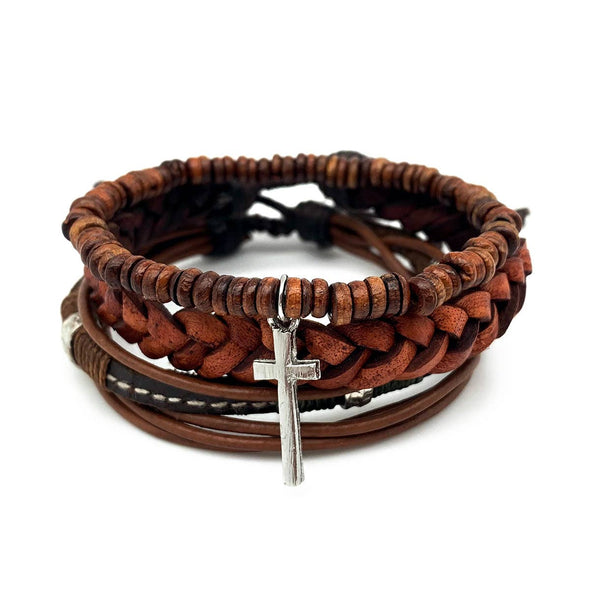 Men's Brown Genuine Leather Bracelet Set with Cross