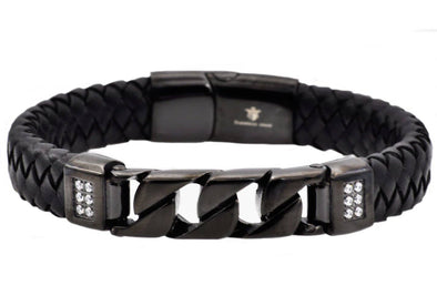Men's Black Leather And Black Curb Link Bracelet