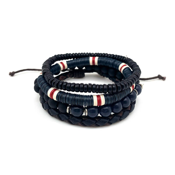 Navy Red & Black Beads Leather Men's Bracelet Set
